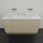 Timberline Nevada floor standing vanity with white top, pale woodgrain finish and twin above-counter basins