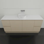 Timberline Nevada floor standing vanity in light woodgrain with white top and above counter basin, front view