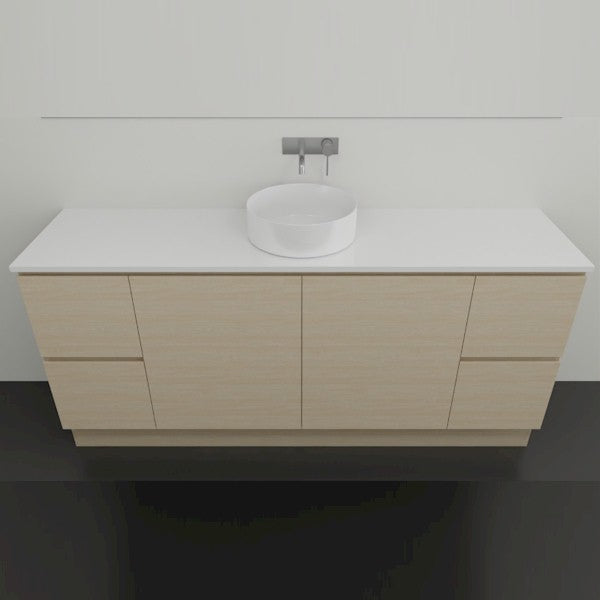 Timberline Nevada floor standing vanity in light woodgrain with white top and above counter basin, front view