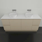 Timberline Nevada floor standing vanity in light woodgrain with white top and twin above counter basins, front view