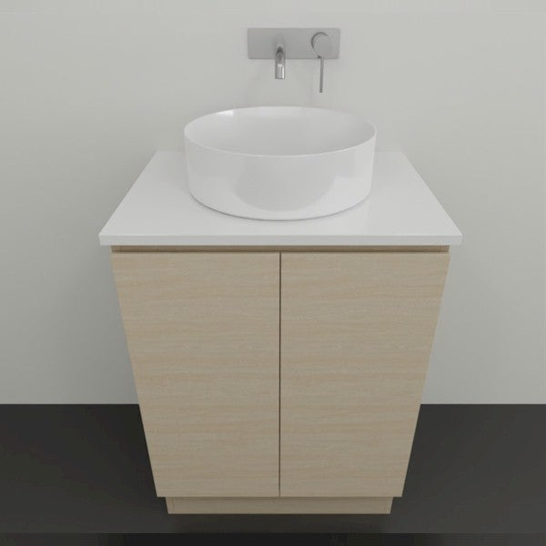 Timberline Nevada floor standing vanity with white stone top and round above counter basin, front view, light woodgrain finish