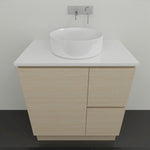 Timberline Nevada floor standing vanity in Perugian Walnut with white stone top and round above counter basin, front view