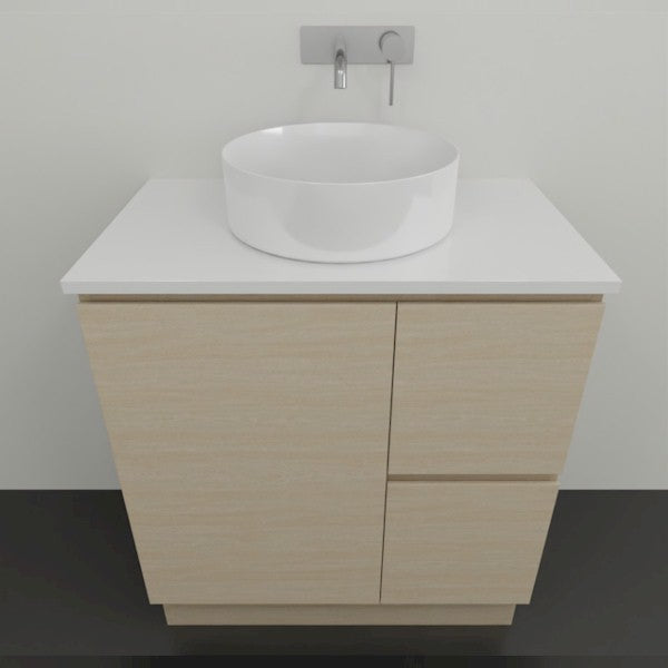 Timberline Nevada floor standing vanity in Perugian Walnut with white stone top and round above counter basin, front view