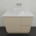 Timberline Nevada floor standing vanity in light woodgrain with white top and round above counter basin