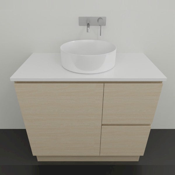 Timberline Nevada floor standing vanity in light woodgrain with white top and round above counter basin
