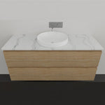 Timberline Nevada Plus wall hung vanity with woodgrain drawers and white above counter basin, front view