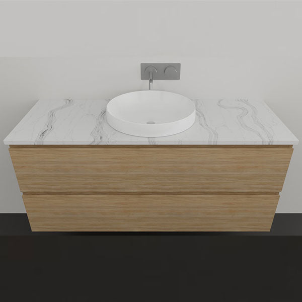 Timberline Nevada Plus wall hung vanity with woodgrain drawers and white above counter basin, front view