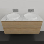 Timberline Nevada Plus wall hung vanity with double white above counter basins, elegant oak finish, front view
