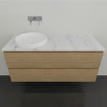 Timberline Nevada Plus wall hung vanity with woodgrain drawers, white benchtop and round above counter basin
