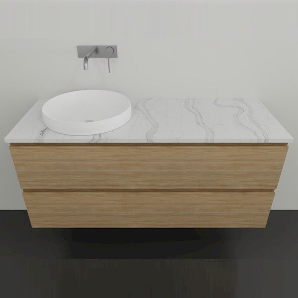 Timberline Nevada Plus wall hung vanity with woodgrain drawers, white benchtop and round above counter basin