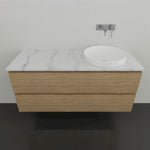 Timberline Nevada Plus wall hung vanity with woodgrain finish, white benchtop and round above counter basin