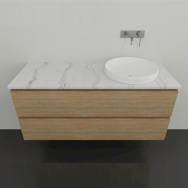 Timberline Nevada Plus wall hung vanity with woodgrain finish, white benchtop and round above counter basin
