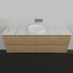 Timberline Nevada Plus wall hung vanity with woodgrain drawers, white marble-look top and round above counter basin