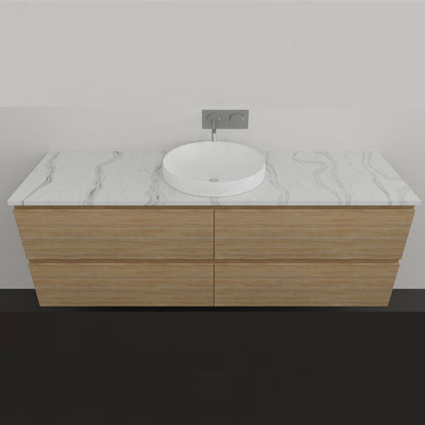 Timberline Nevada Plus wall hung vanity with woodgrain drawers, white marble-look top and round above counter basin