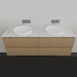 Timberline Nevada Plus wall hung vanity with white above counter double basins and woodgrain drawers