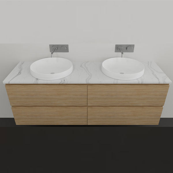Timberline Nevada Plus wall hung vanity with white above counter double basins and woodgrain drawers