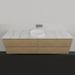 Timberline Nevada Plus wall hung vanity with woodgrain drawers, white benchtop and round above-counter basin