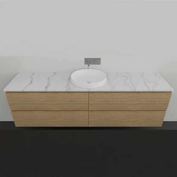 Timberline Nevada Plus wall hung vanity with woodgrain drawers, white benchtop and round above-counter basin