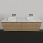 Timberline Nevada Plus wall hung vanity with woodgrain finish, white above counter double basins and drawers
