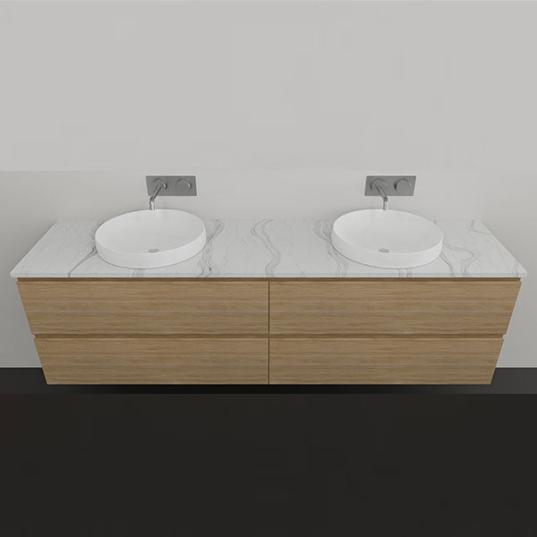 Timberline Nevada Plus wall hung vanity with woodgrain finish, white above counter double basins and drawers