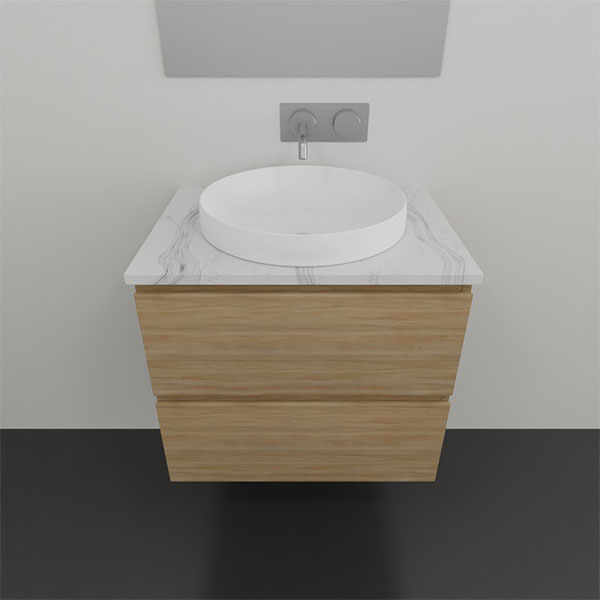 Timberline Nevada Plus wall hung vanity with white round above counter basin, woodgrain finish and marble-look top