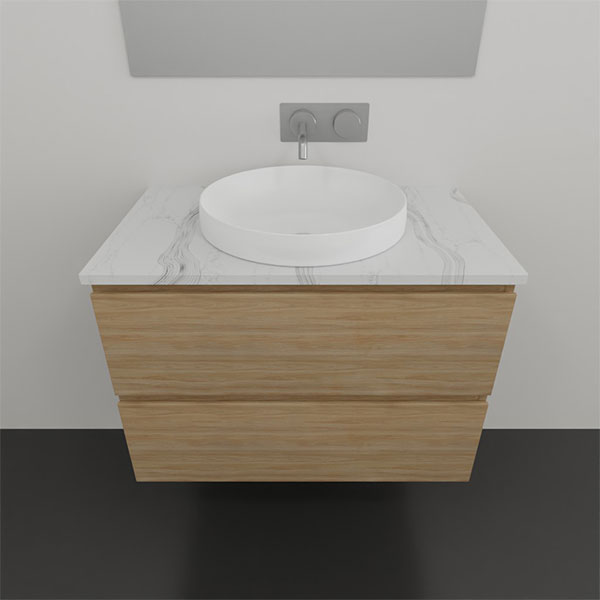 Timberline Nevada Plus wall hung vanity with white round above counter basin and marble-look top, front view