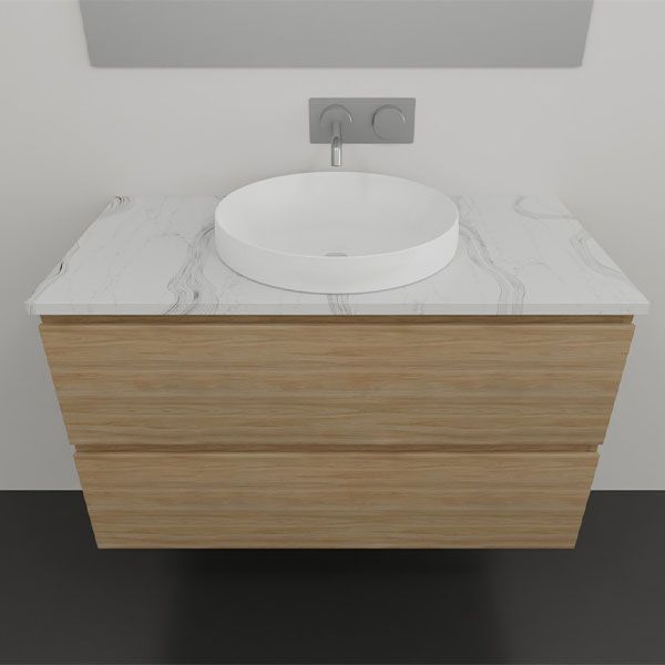 Timberline Nevada Plus wall hung vanity in woodgrain finish with white above counter basin and marble-look top