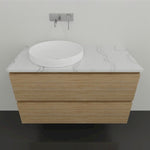 Timberline Nevada Plus wall hung vanity with white above counter basin and woodgrain finish under marble-look top