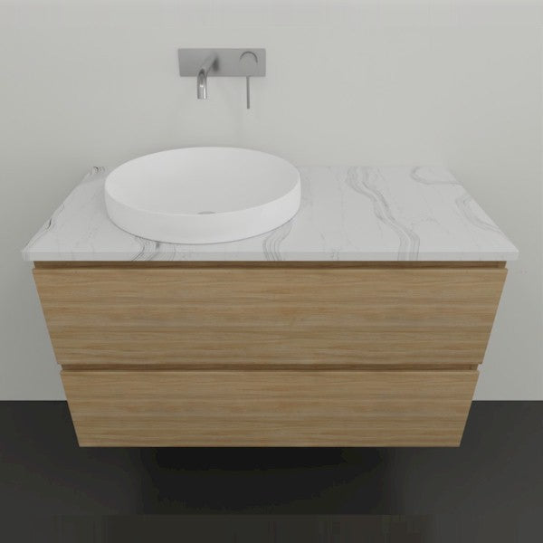 Timberline Nevada Plus wall hung vanity with white above counter basin and woodgrain finish under marble-look top