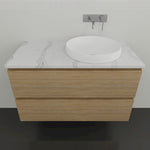 Timberline Nevada Plus wall hung vanity with woodgrain drawers, white stone-look top and round above counter basin