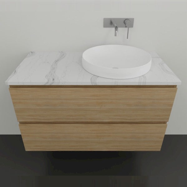 Timberline Nevada Plus wall hung vanity with woodgrain drawers, white stone-look top and round above counter basin