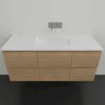 Timberline Nevada wall hung vanity with white top, light woodgrain finish and integrated basin, front view