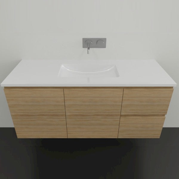 Timberline Nevada wall hung vanity with white top, light woodgrain finish and integrated basin, front view