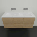 Timberline Nevada wall hung vanity with white Regal acrylic top and double basin, in woodgrain finish, front view
