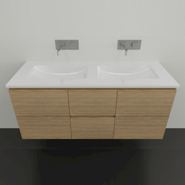 Timberline Nevada wall hung vanity with white Regal acrylic top and double basin, in woodgrain finish, front view