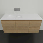 Timberline Nevada wall hung vanity in timber finish with white Regal acrylic top and integrated basin, front view