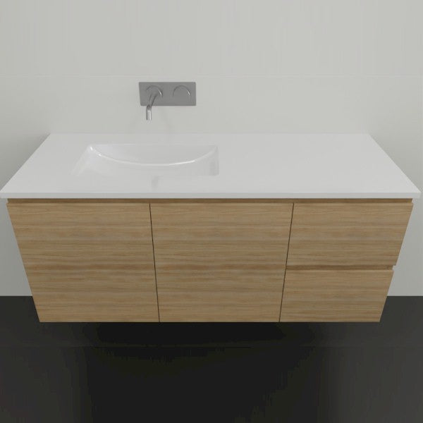 Timberline Nevada wall hung vanity in timber finish with white Regal acrylic top and integrated basin, front view