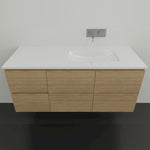 Timberline Nevada wall hung vanity with Regal acrylic top, white basin and woodgrain cabinet, front view