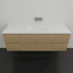 Timberline Nevada wall hung vanity with white acrylic top and woodgrain cabinet, front view, double bowl width
