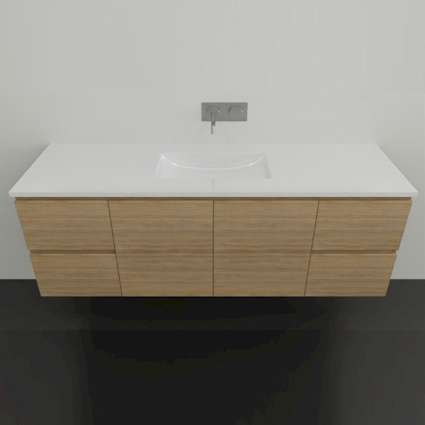 Timberline Nevada wall hung vanity with white acrylic top and woodgrain cabinet, front view, double bowl width
