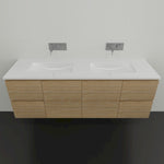 Timberline Nevada wall hung vanity with white acrylic top and Tasmanian Oak woodgrain finish, front view
