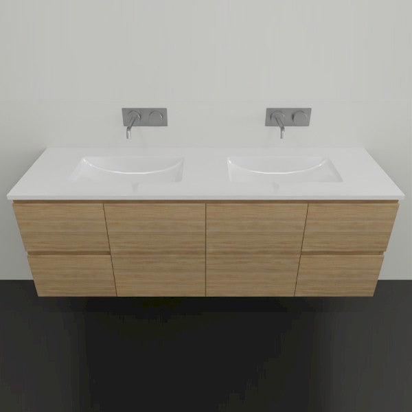 Timberline Nevada wall hung vanity with white acrylic top and Tasmanian Oak woodgrain finish, front view