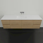 Timberline Nevada wall hung vanity with white acrylic top and Tasmanian oak woodgrain cabinet, front view