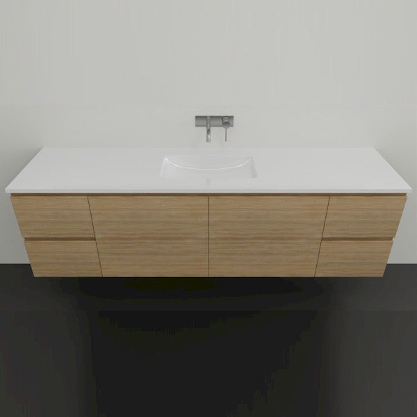 Timberline Nevada wall hung vanity with white acrylic top and Tasmanian oak woodgrain cabinet, front view