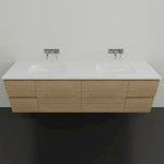 Timberline Nevada wall hung vanity with white acrylic top and timbergrain finish, shown front on with double basins