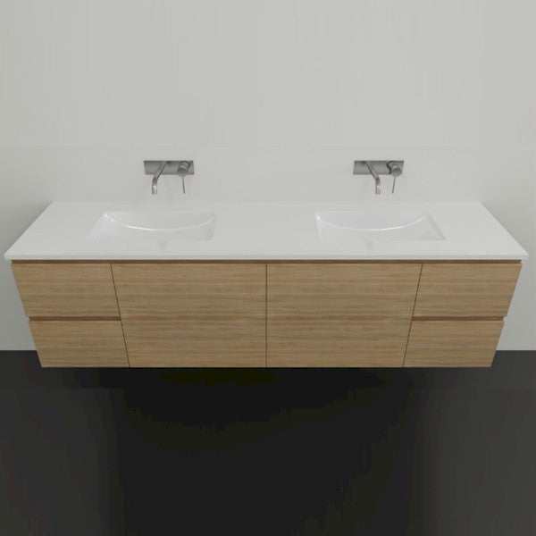 Timberline Nevada wall hung vanity with white acrylic top and timbergrain finish, shown front on with double basins