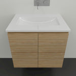 Timberline Nevada wall hung vanity with white acrylic top, front view in light woodgrain finish and twin doors