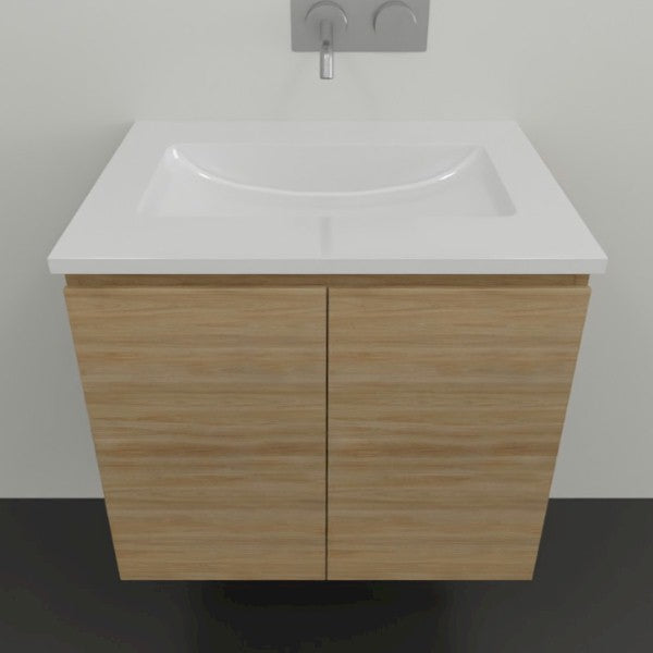 Timberline Nevada wall hung vanity with white acrylic top, front view in light woodgrain finish and twin doors