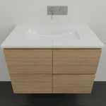Timberline Nevada wall hung vanity with white Regal acrylic top and Tasmanian oak woodgrain cabinet, front view