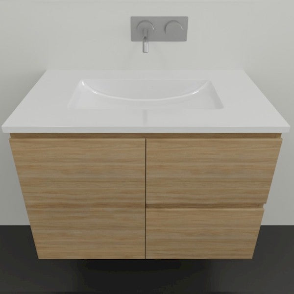 Timberline Nevada wall hung vanity with white Regal acrylic top and Tasmanian oak woodgrain cabinet, front view
